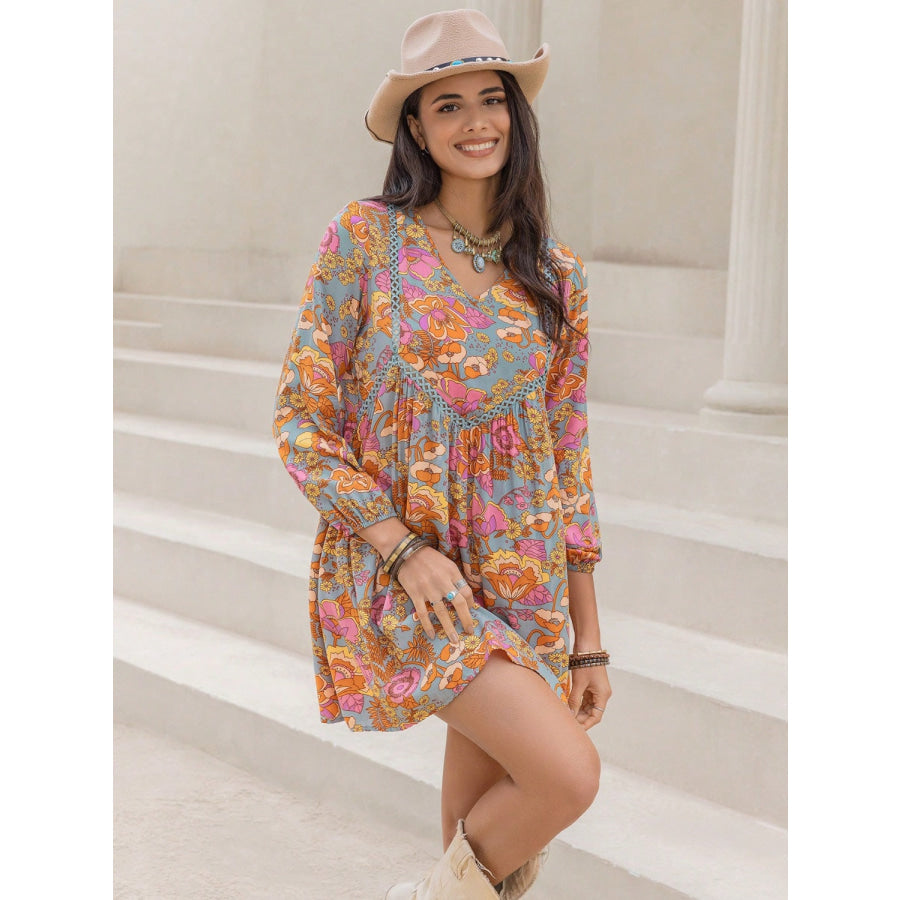 Printed V-Neck Balloon Sleeve Mini Dress Apparel and Accessories