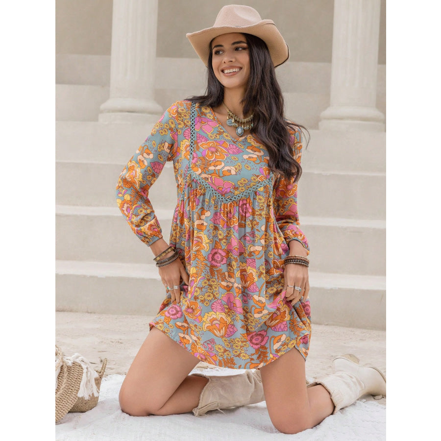 Printed V-Neck Balloon Sleeve Mini Dress Apparel and Accessories