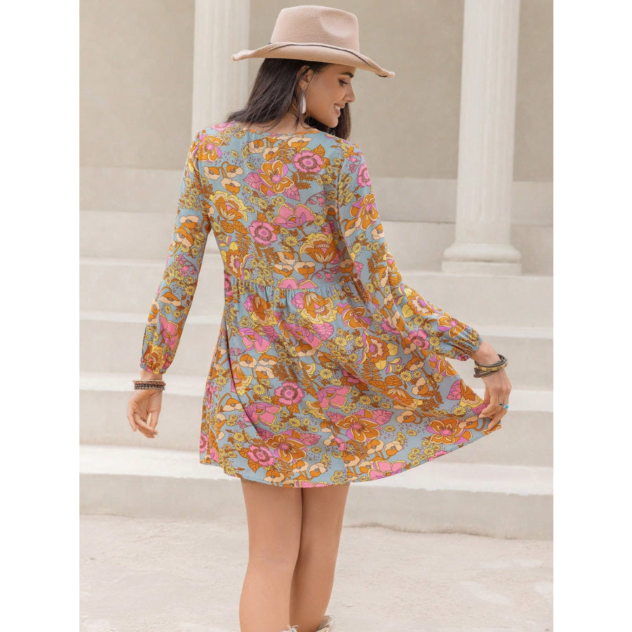 Printed V-Neck Balloon Sleeve Mini Dress Multicolor / S Apparel and Accessories