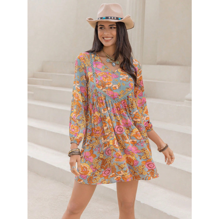 Printed V-Neck Balloon Sleeve Mini Dress Multicolor / S Apparel and Accessories