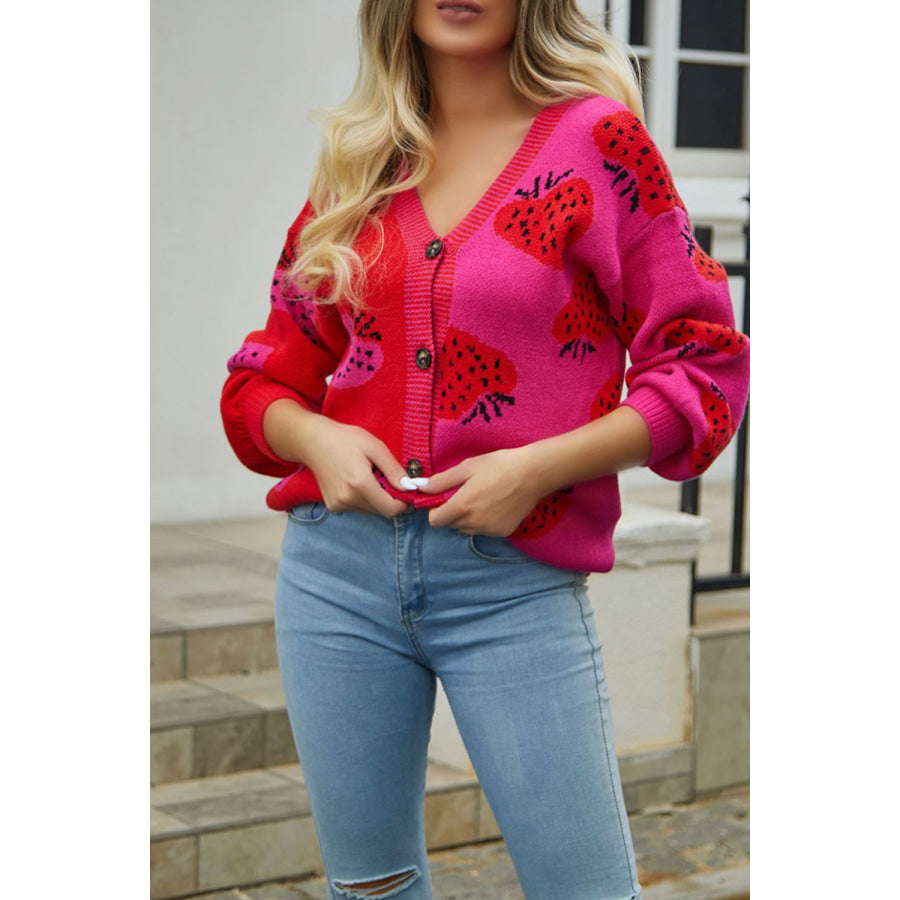 Printed V-Neck Button-Down Long Sleeve Cardigan