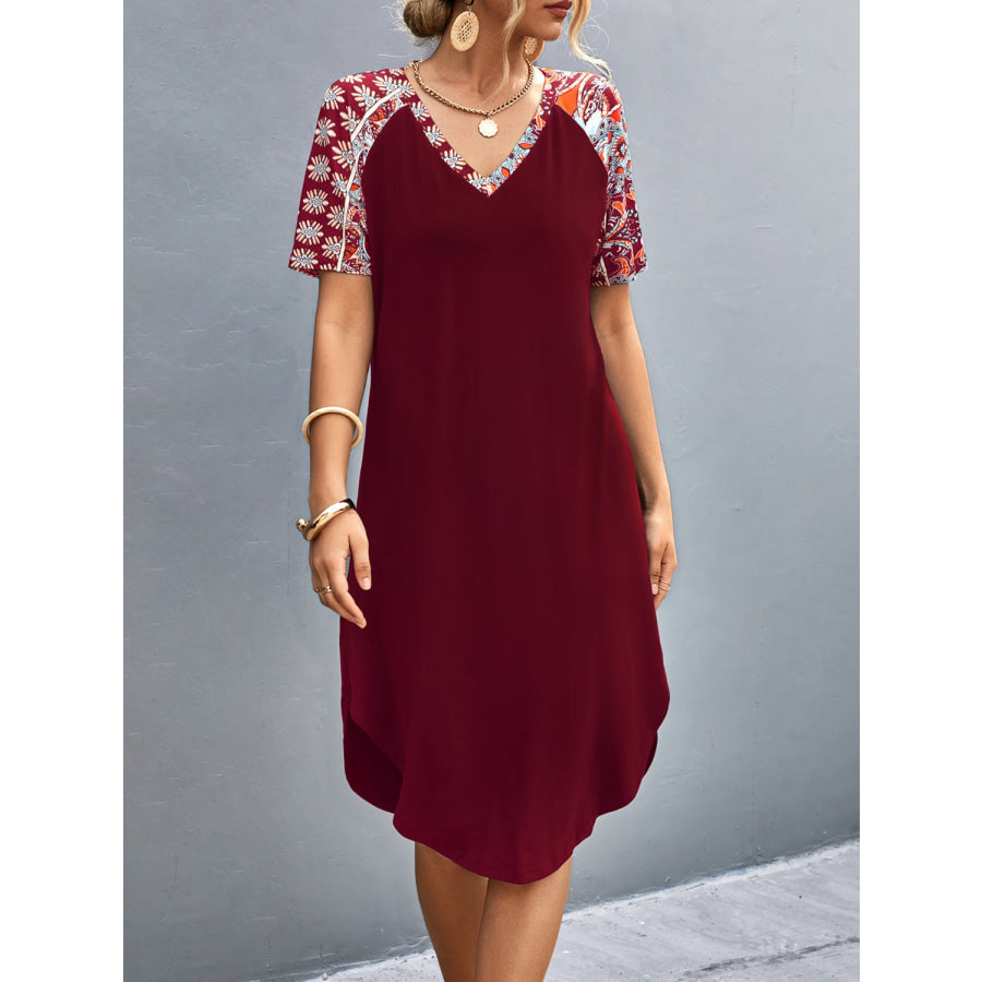 Printed V-Neck Short Sleeve Dress Burgundy / S Apparel and Accessories