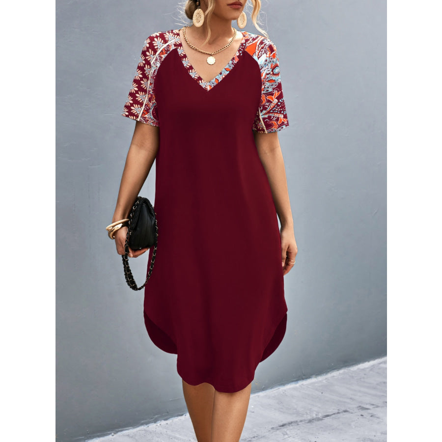 Printed V-Neck Short Sleeve Dress Burgundy / S Apparel and Accessories