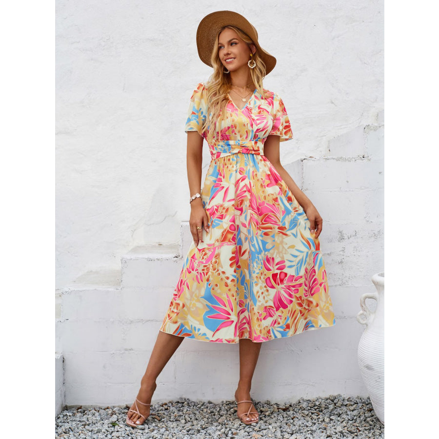 Printed V-Neck Short Sleeve Midi Dress Strawberry / S Apparel and Accessories