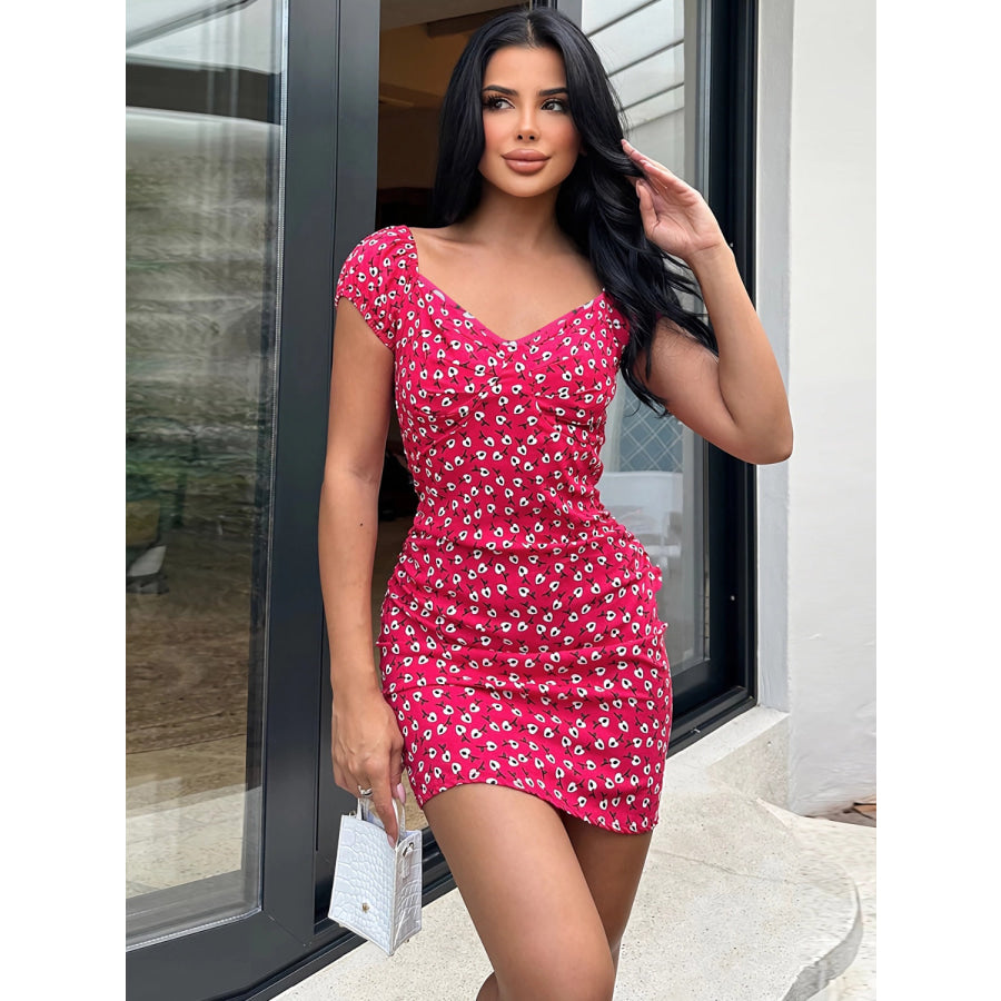 Printed V-Neck Short Sleeve Mini Dress Deep Rose / S Apparel and Accessories