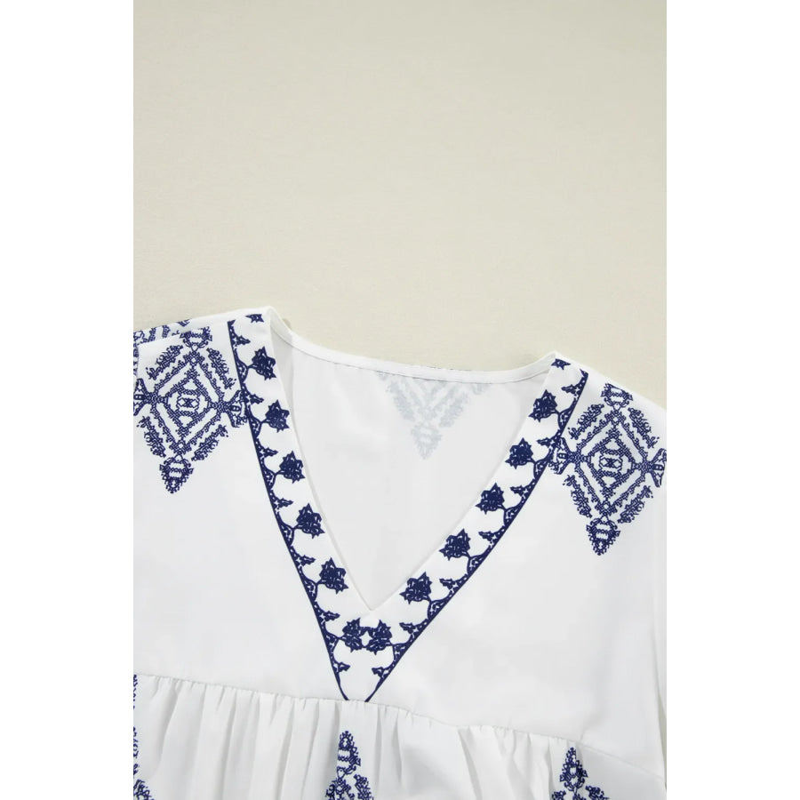 Printed V-Neck Three-Quarter Sleeve Blouse Apparel and Accessories