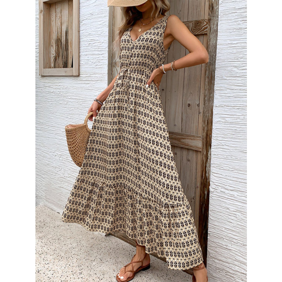 Printed V-Neck Tie Waist Midi Dress Apparel and Accessories