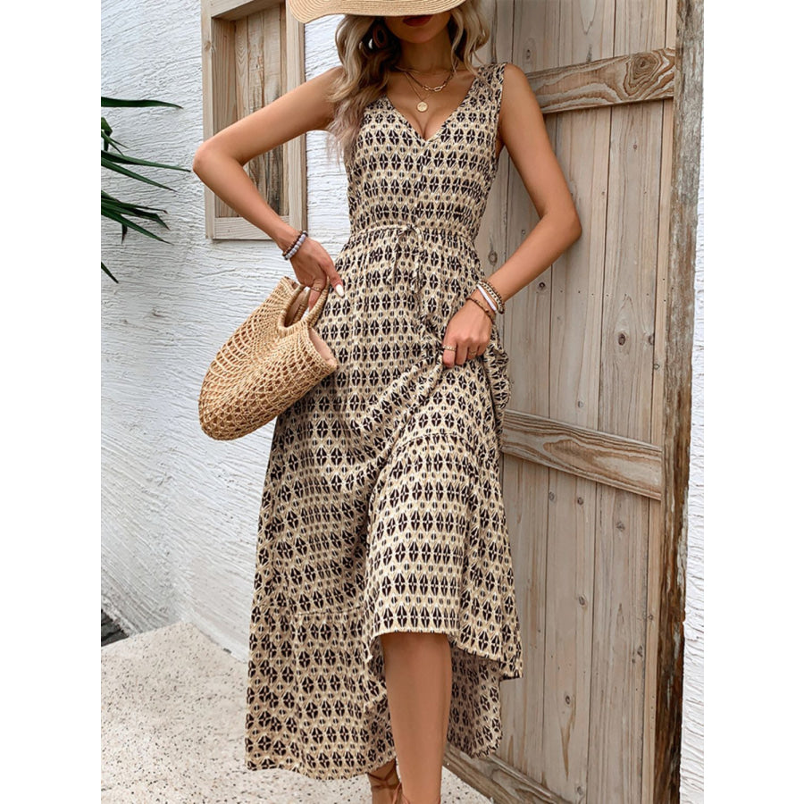 Printed V-Neck Tie Waist Midi Dress Apparel and Accessories