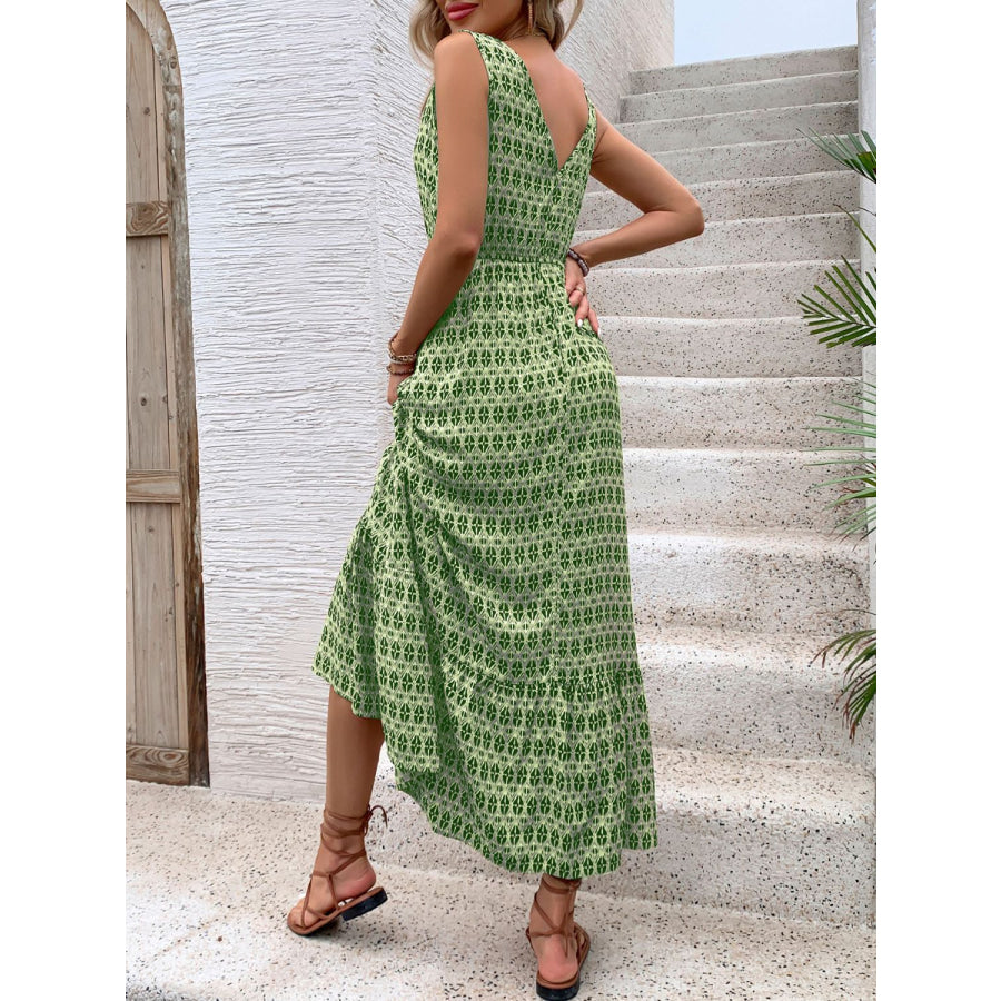Printed V-Neck Tie Waist Midi Dress Apparel and Accessories