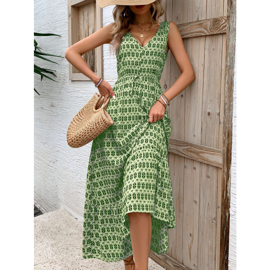 Printed V-Neck Tie Waist Midi Dress Apparel and Accessories