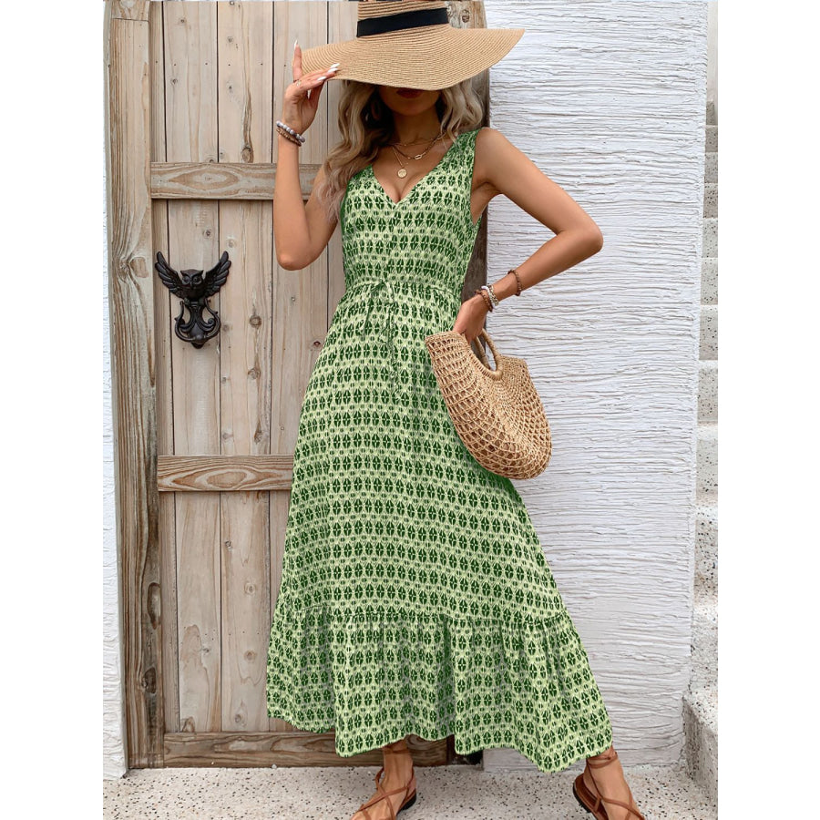 Printed V-Neck Tie Waist Midi Dress Apparel and Accessories