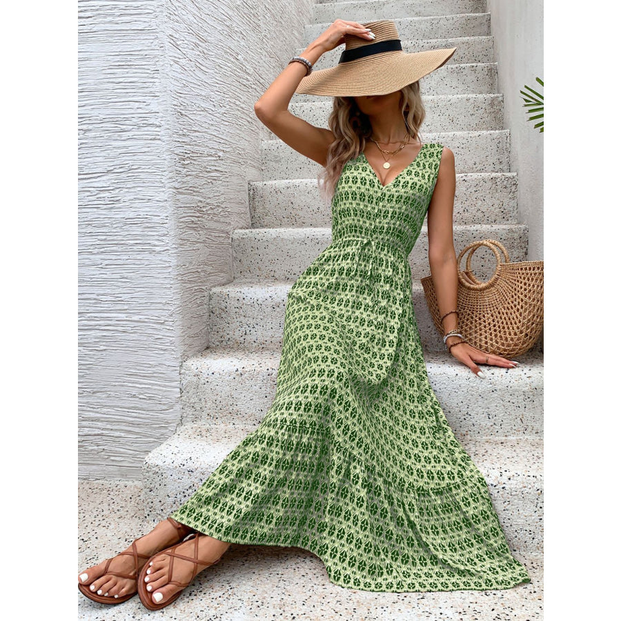 Printed V-Neck Tie Waist Midi Dress Apparel and Accessories