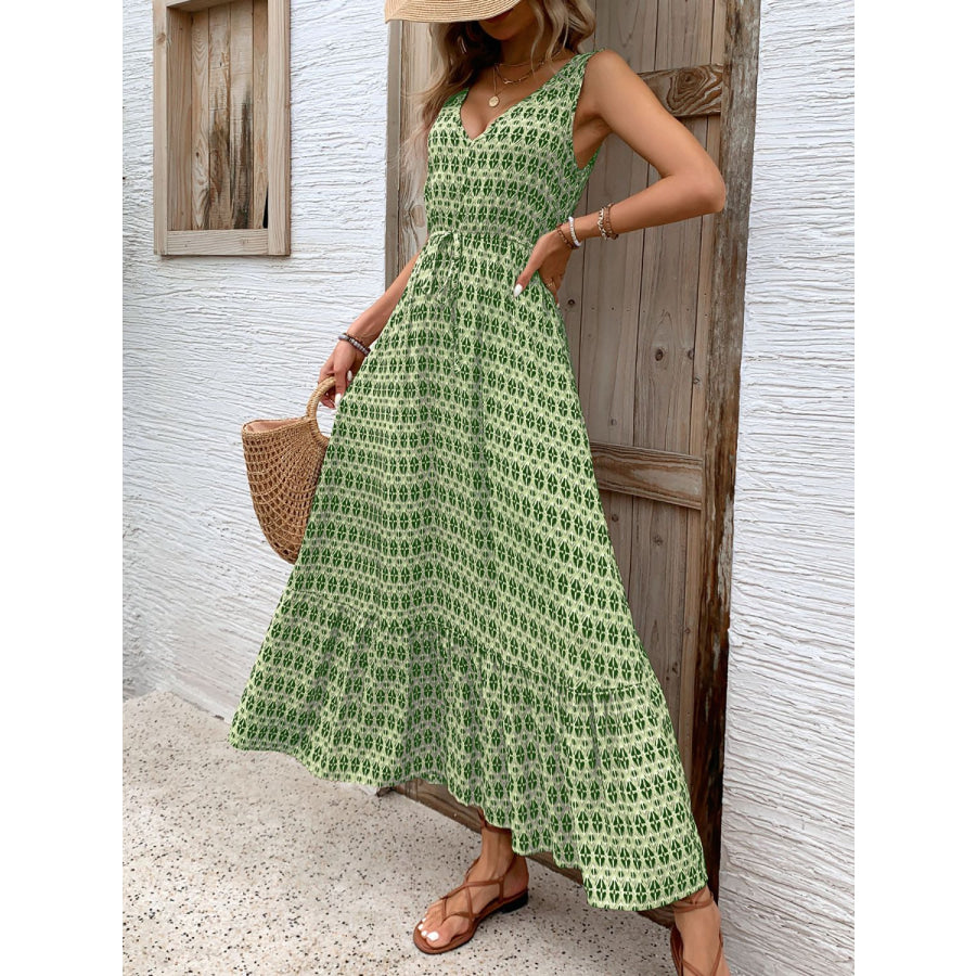 Printed V-Neck Tie Waist Midi Dress Apparel and Accessories