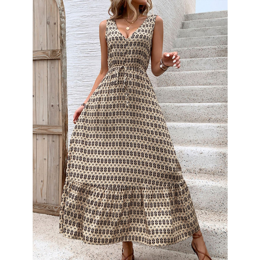 Printed V-Neck Tie Waist Midi Dress Apparel and Accessories