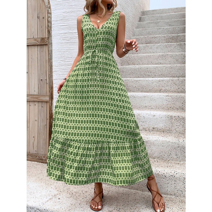 Printed V-Neck Tie Waist Midi Dress Lime / S Apparel and Accessories
