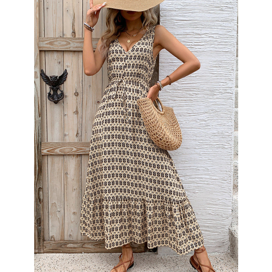 Printed V-Neck Tie Waist Midi Dress Tan / S Apparel and Accessories