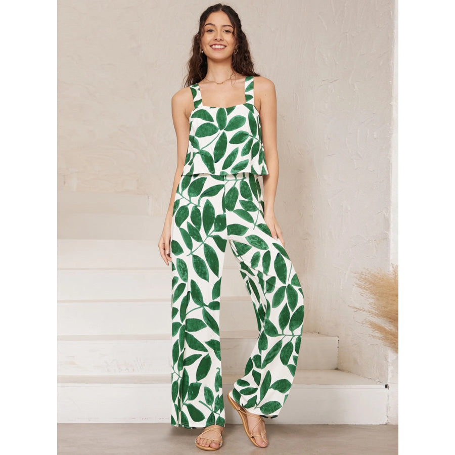 Printed Wide Strap Top and Pants Set Green / S Apparel and Accessories