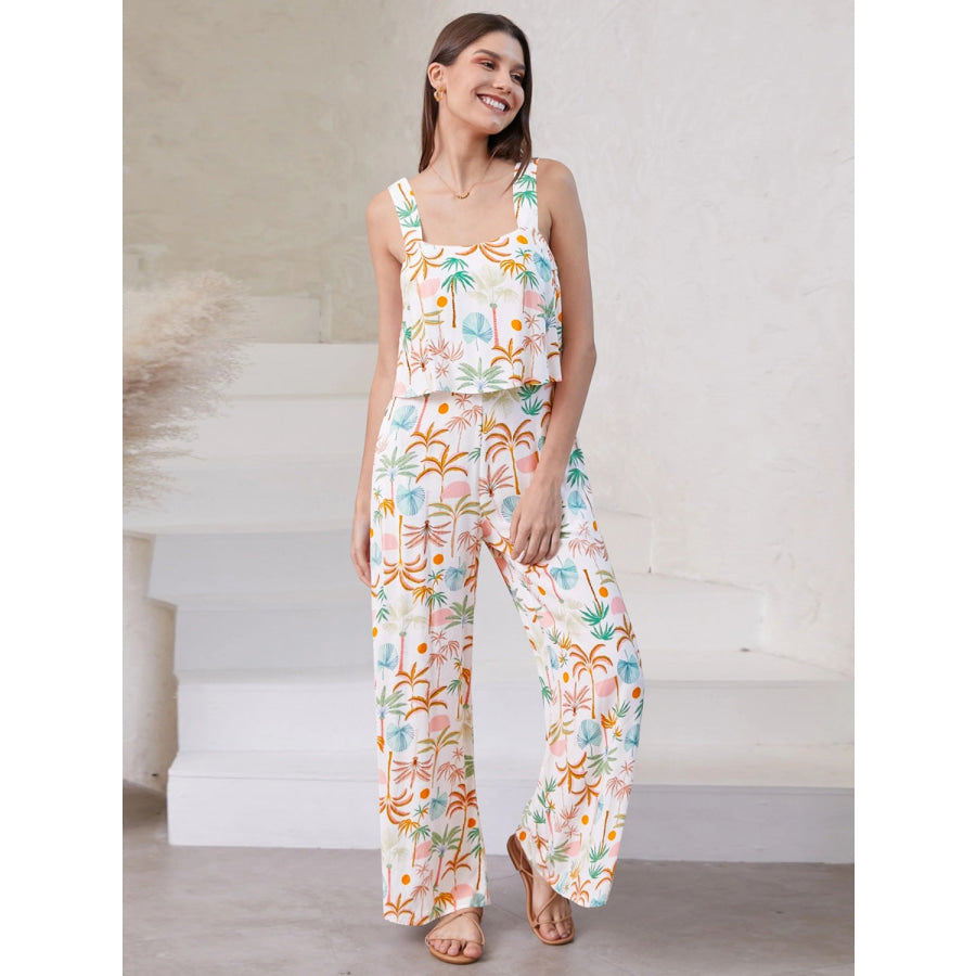 Printed Wide Strap Top and Pants Set Ivory / S Apparel and Accessories