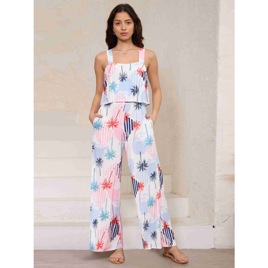 Printed Wide Strap Top and Pants Set White / S Apparel and Accessories
