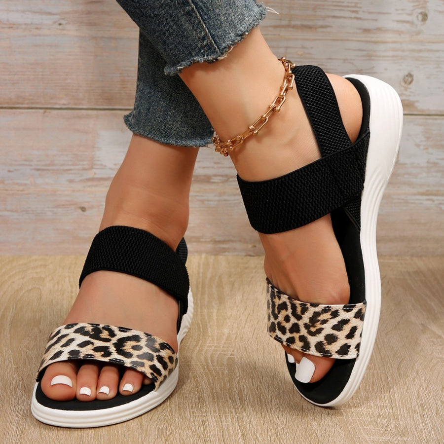 PU Leather Open Toe Low Heel Sandals Leopard / 36(US5) Apparel and Accessories