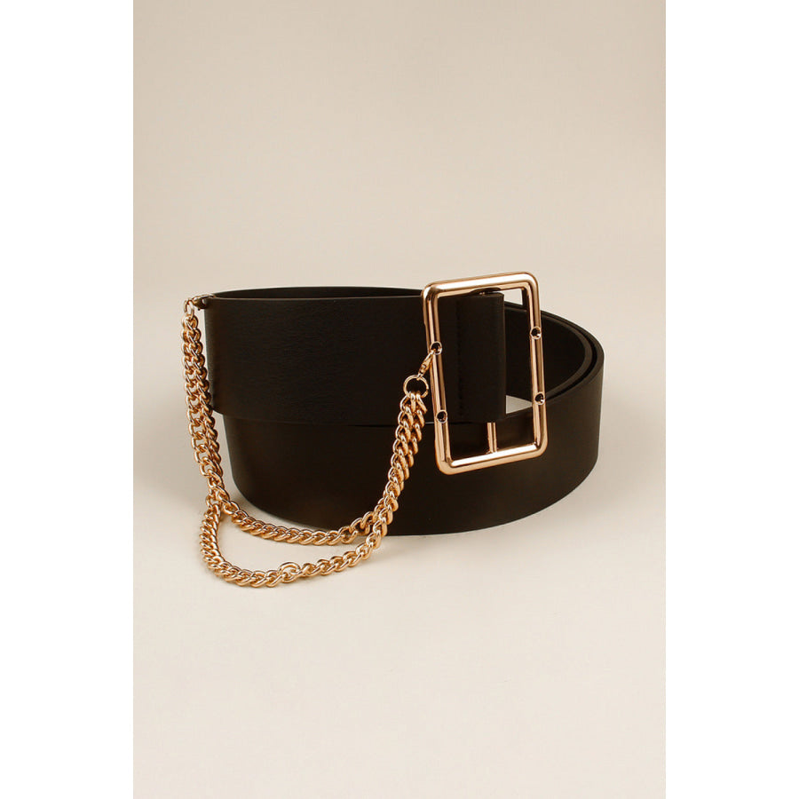 PU Leather Wide Belt with Chain Black / One Size