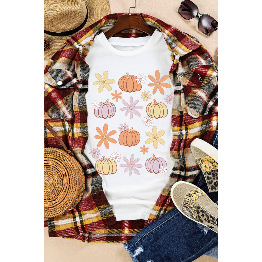 Pumpkin & Flower Round Neck Short Sleeve T-Shirt Apparel and Accessories