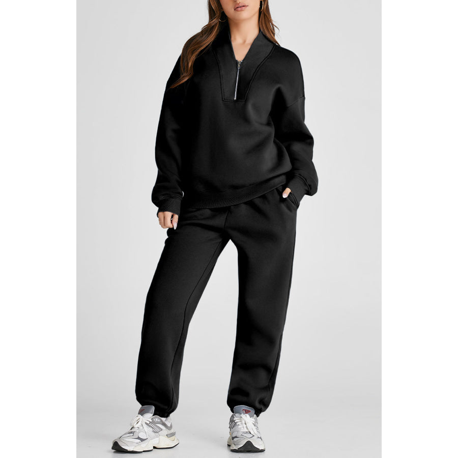 Quarter Zip Long Sleeve Top and Pants Set Black / S Apparel and Accessories