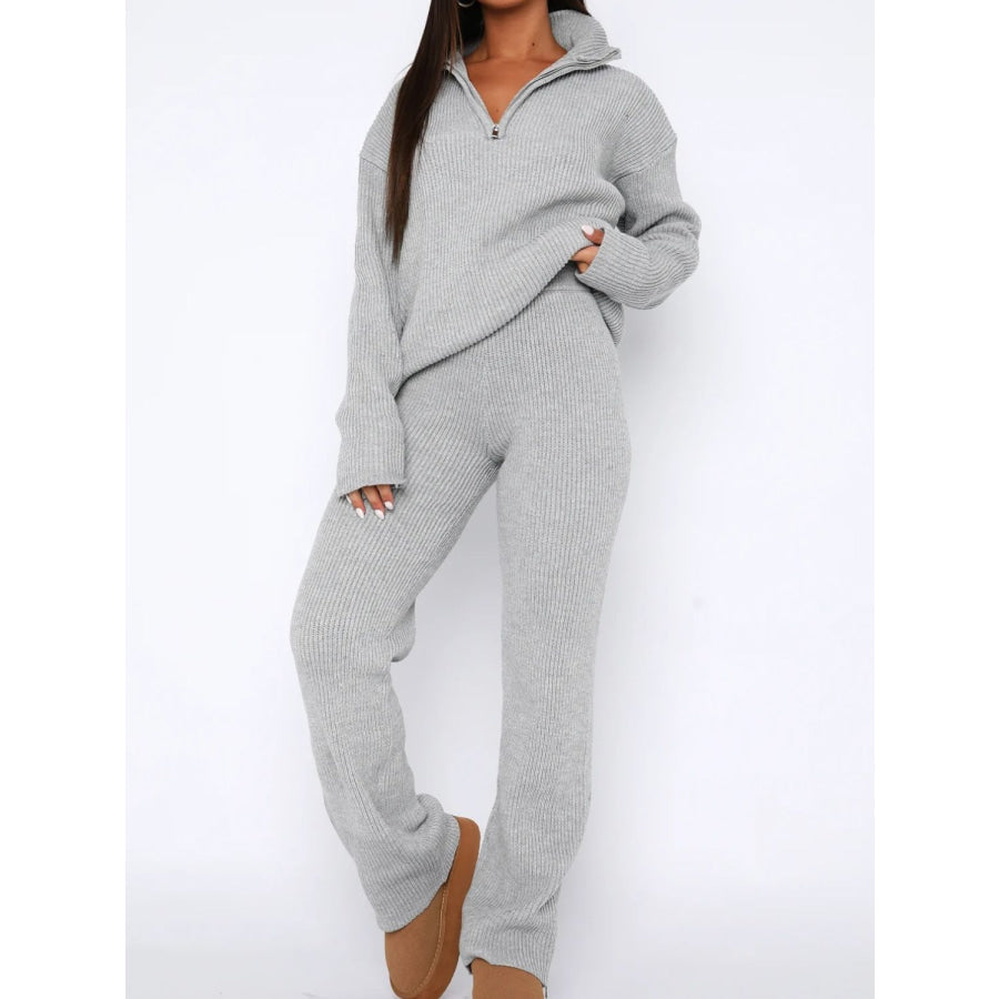 Quarter Zip Long Sleeve Top and Pants Set Gray / One Size Apparel and Accessories