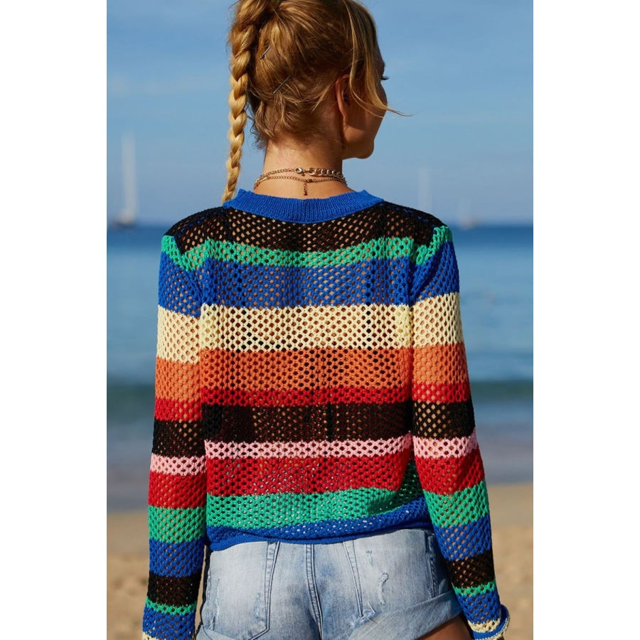 Rainbow Stripe Openwork Long Sleeve Cover-Up Roral Blue / S