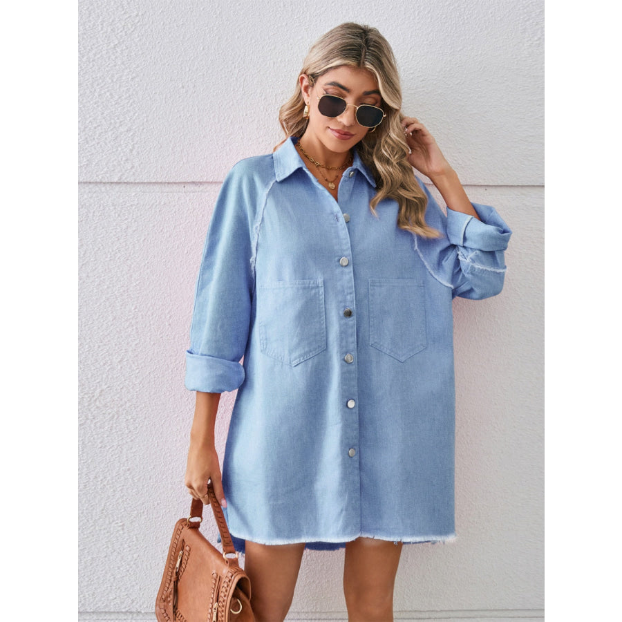 Raw Hem Button Up Denim Dress Apparel and Accessories