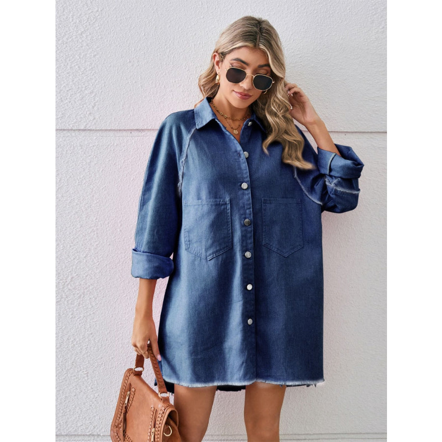 Raw Hem Button Up Denim Dress Navy / S Apparel and Accessories