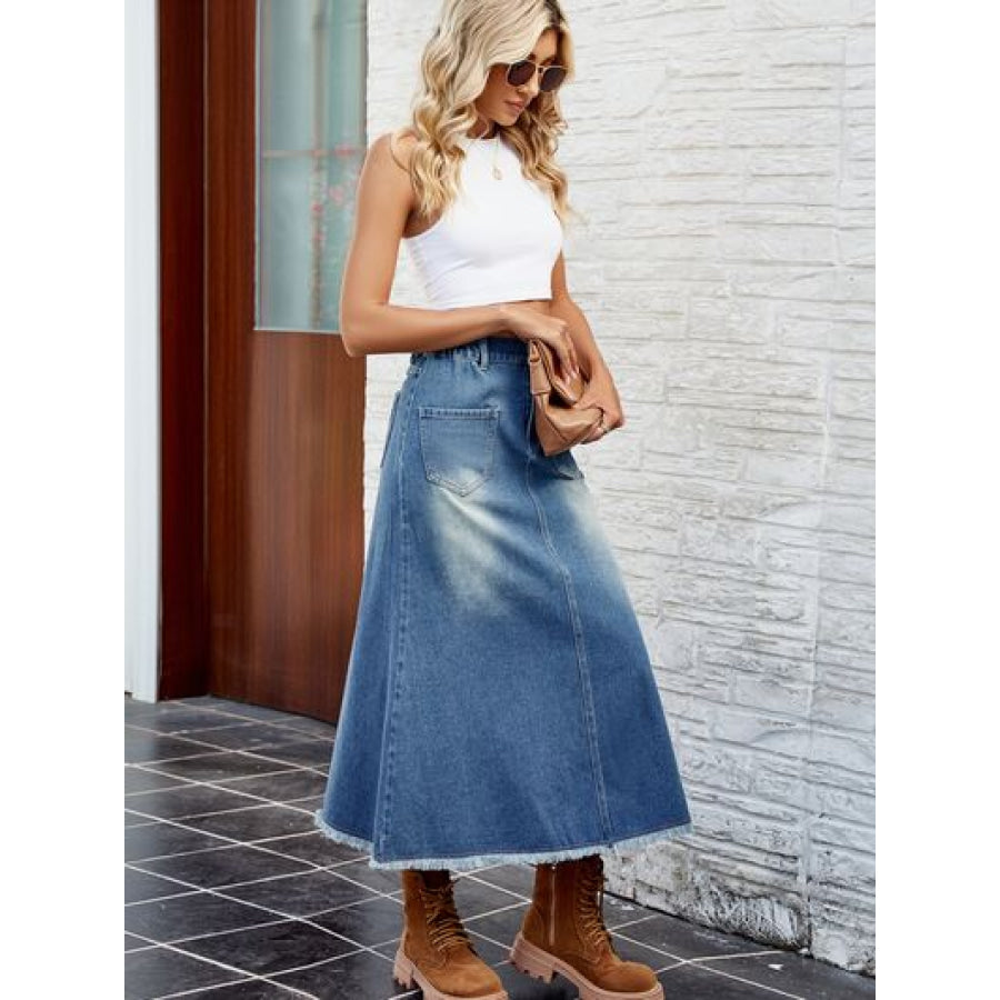Raw Hem Buttoned Denim Skirt with Pockets Apparel and Accessories