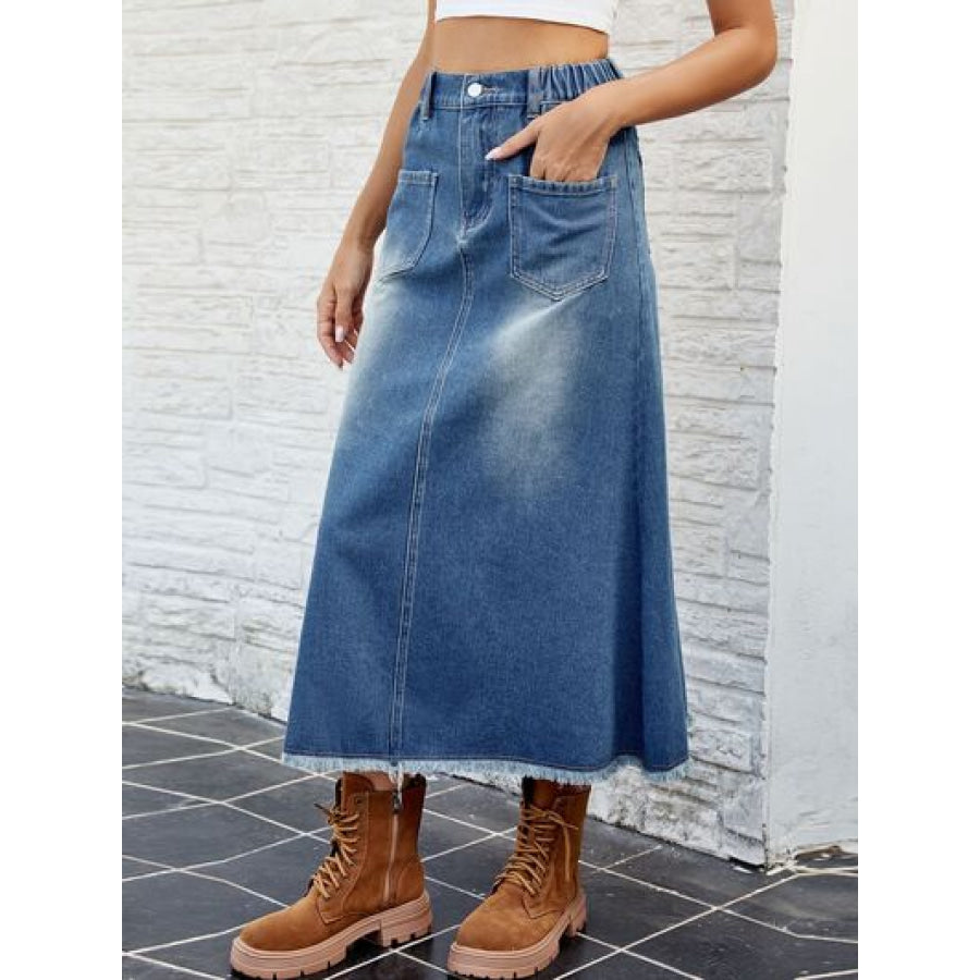 Raw Hem Buttoned Denim Skirt with Pockets Apparel and Accessories