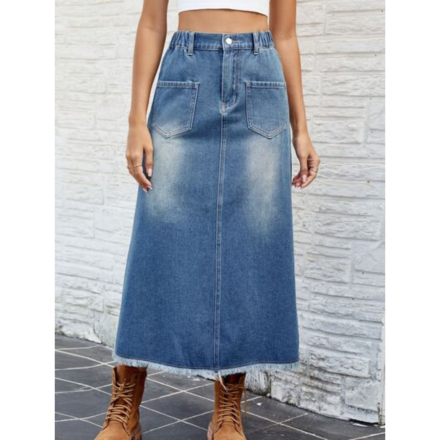 Raw Hem Buttoned Denim Skirt with Pockets Dusty Blue / S Apparel and Accessories