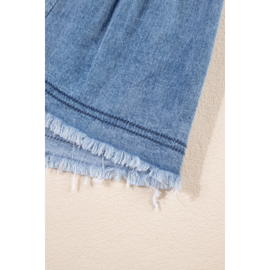 Raw Hem Collared Neck Short Sleeve Denim Dress Apparel and Accessories