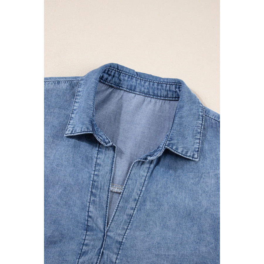Raw Hem Collared Neck Short Sleeve Denim Dress Apparel and Accessories