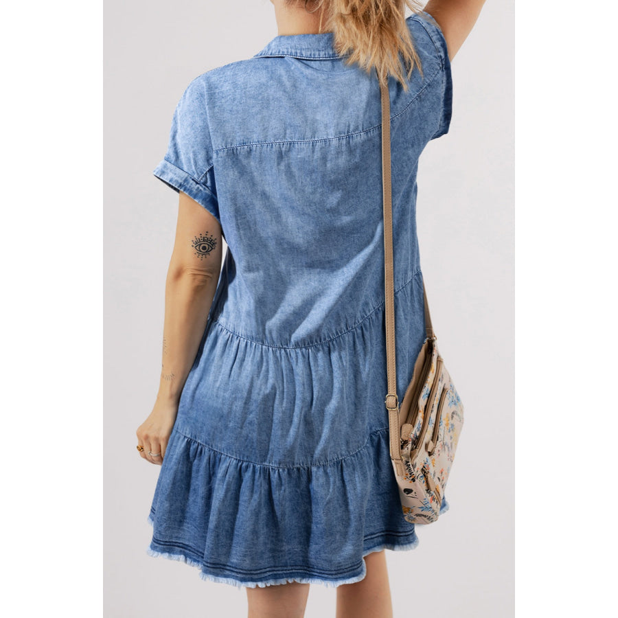 Raw Hem Collared Neck Short Sleeve Denim Dress Medium / S Apparel and Accessories