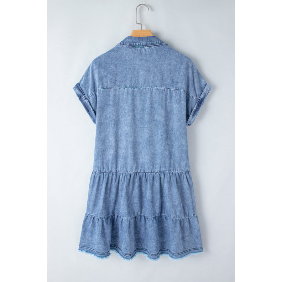 Raw Hem Collared Neck Short Sleeve Denim Dress Apparel and Accessories