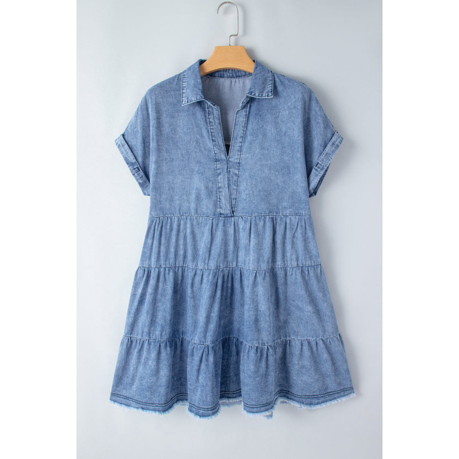 Raw Hem Collared Neck Short Sleeve Denim Dress Apparel and Accessories