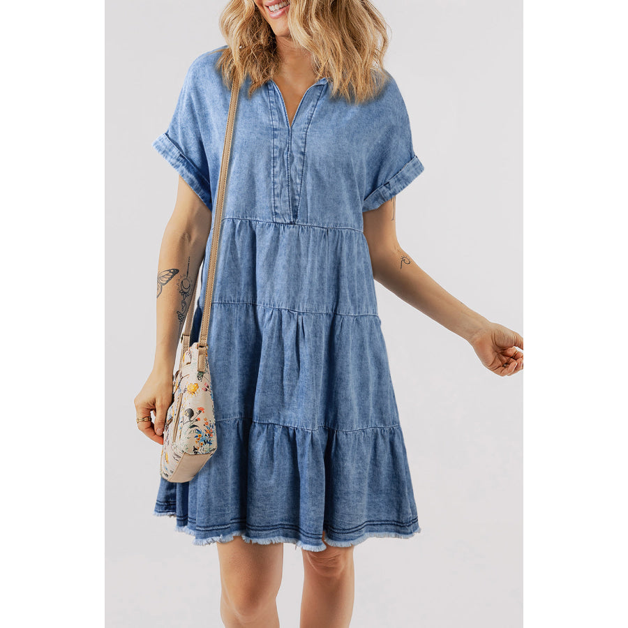 Raw Hem Collared Neck Short Sleeve Denim Dress Medium / S Apparel and Accessories