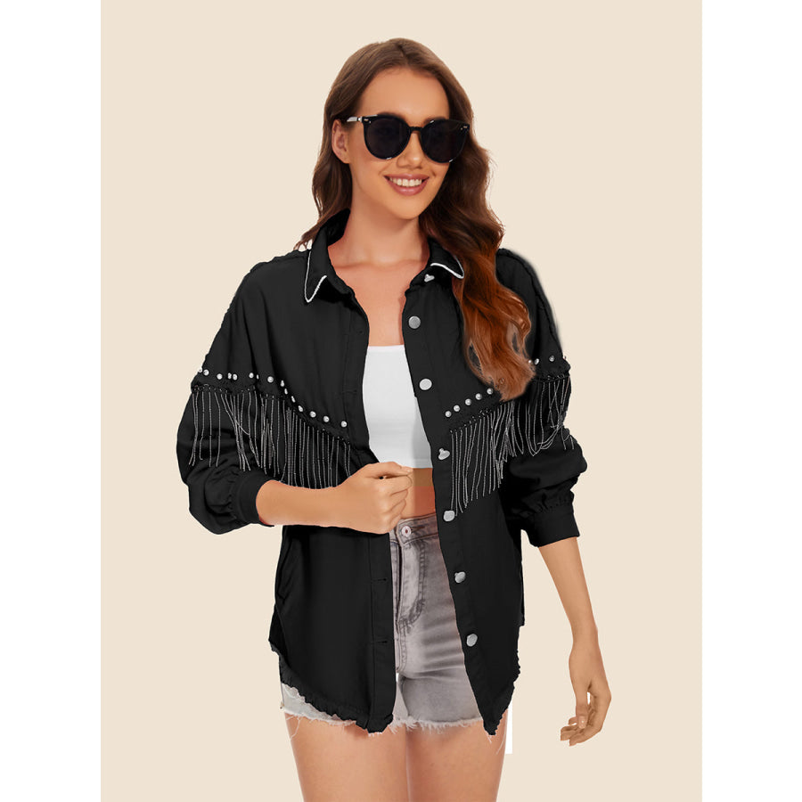 Raw Hem Fringe Detail Denim Jacket Black / S