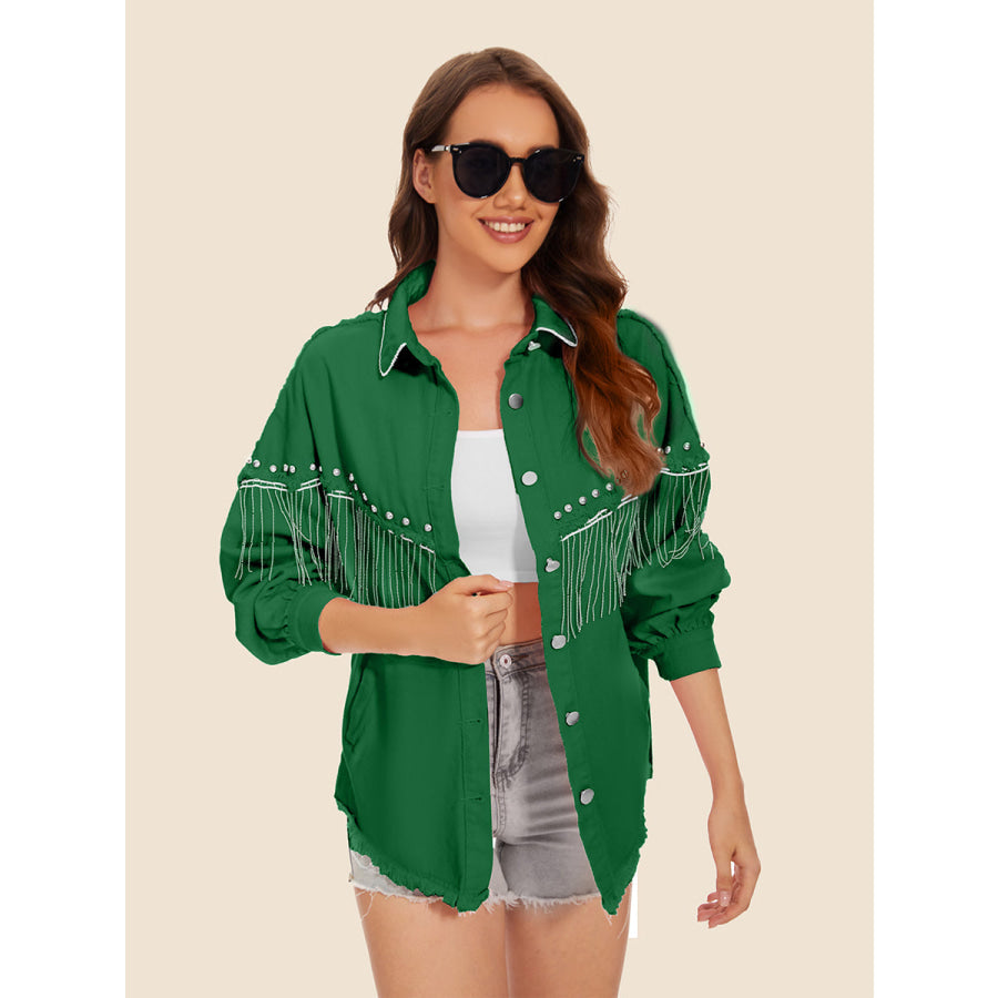 Raw Hem Fringe Detail Denim Jacket Green / S