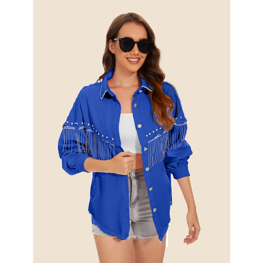 Raw Hem Fringe Detail Denim Jacket Royal Blue / S