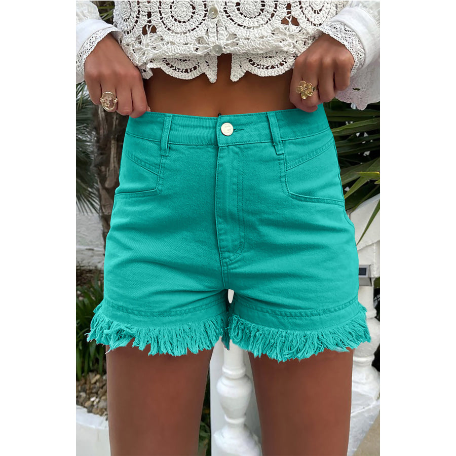 Raw Hem High Waist Denim Shorts Turquoise / 6 Apparel and Accessories