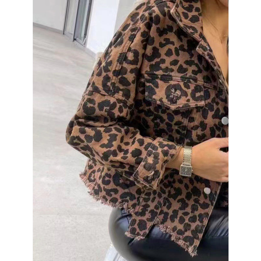 Raw Hem Leopard Collared Neck Denim Jacket Apparel and Accessories