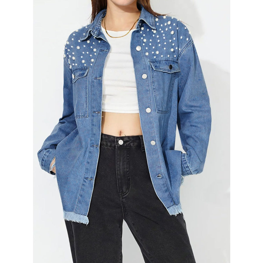 Raw Hem Pearl Trim Collared Neck Denim Top Apparel and Accessories