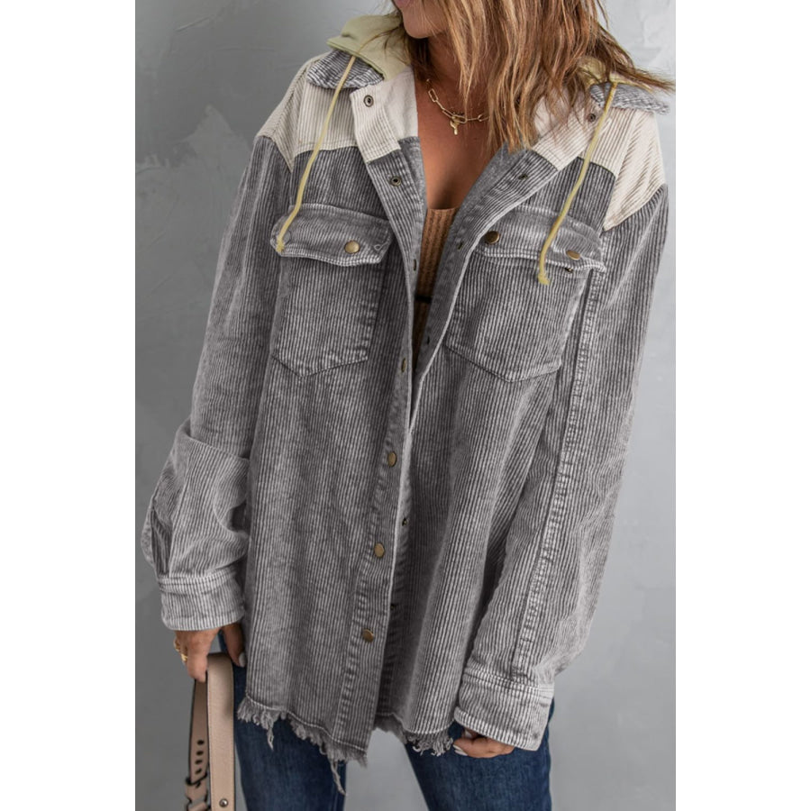 Raw Hem Snap Down Drawstring Hooded Jacket Apparel and Accessories