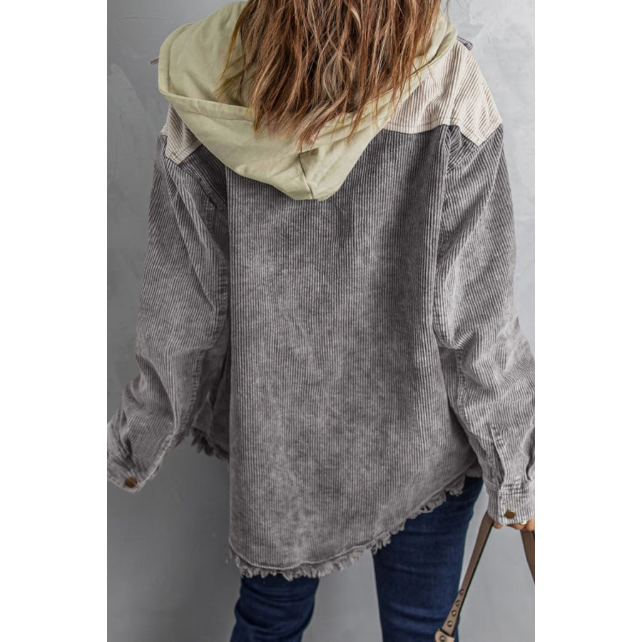 Raw Hem Snap Down Drawstring Hooded Jacket Apparel and Accessories