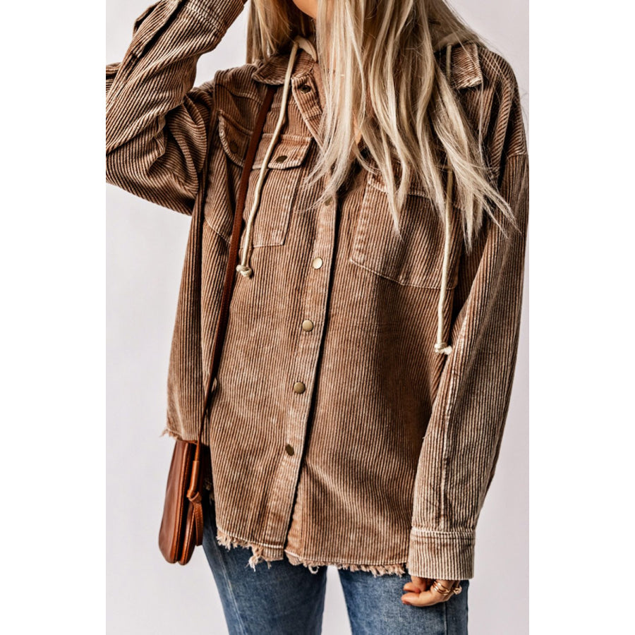 Raw Hem Snap Down Drawstring Hooded Jacket Apparel and Accessories