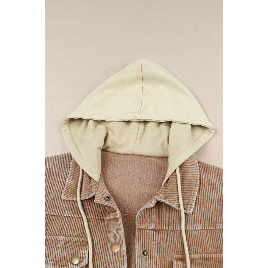 Raw Hem Snap Down Drawstring Hooded Jacket Apparel and Accessories